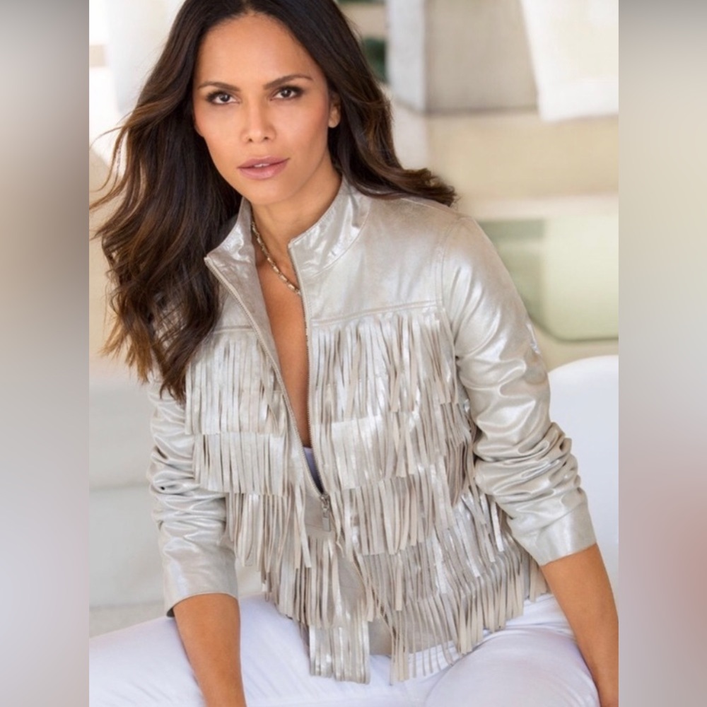 BOSTON PROPER METALLIC GOLD GENUINE LEATHER FRINGE JACKET SIZE 14
